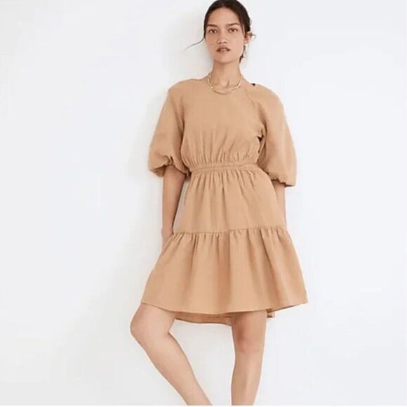 NEW Madewell Size M Seersucker Puff Sleeve Cutout Mini Dress Tan Button Back - Picture 1 of 14